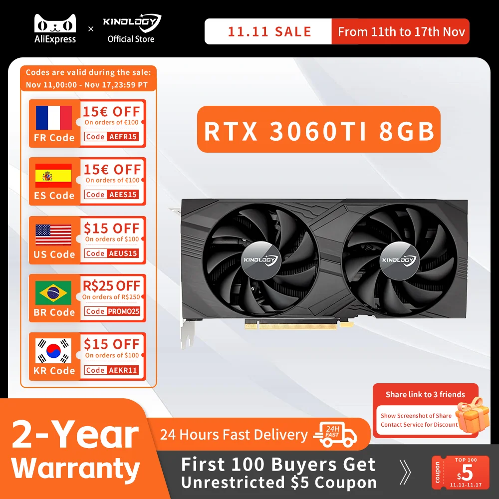 Kinology Rtx 3060Ti Gddr6 8Gb 256Bit Nvidia Rtx 30 Series Gpu Rtx 3060 Ti Scheda Grafica Video Gddr6 Pci Express 4.0