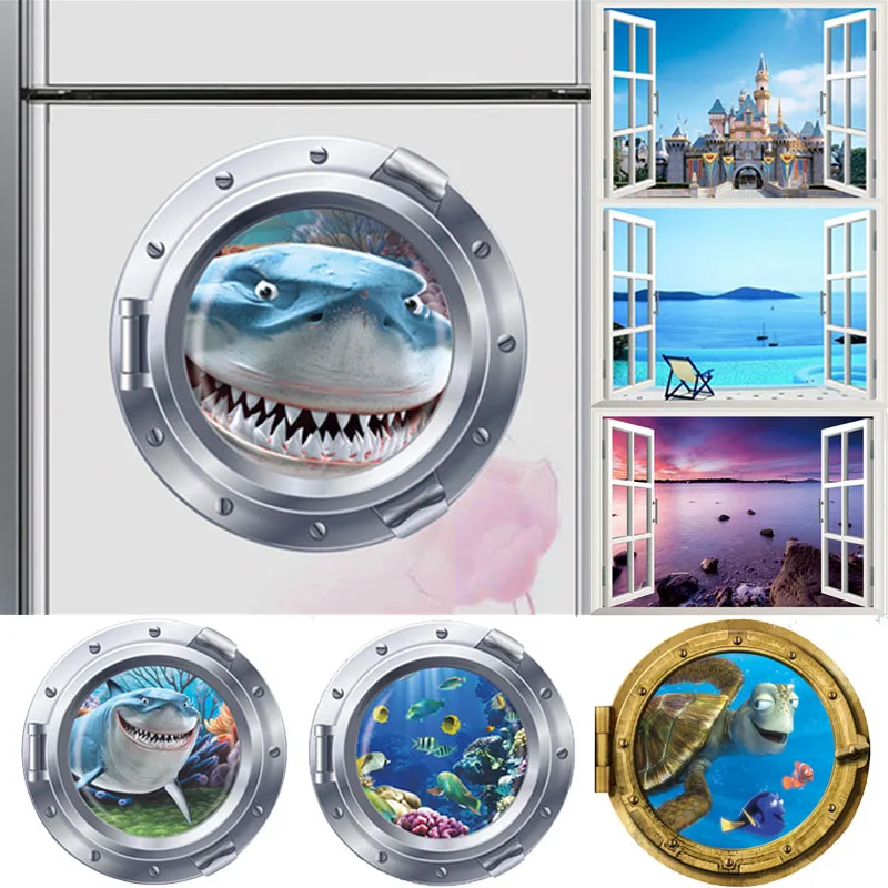 Sorridente Grande Squalo Nemo Dory Submarine Portholes Autoadesivi Della Parete Della Finestra Per Il Lavaggio Della Macchina Kidroom Decorazione Di D