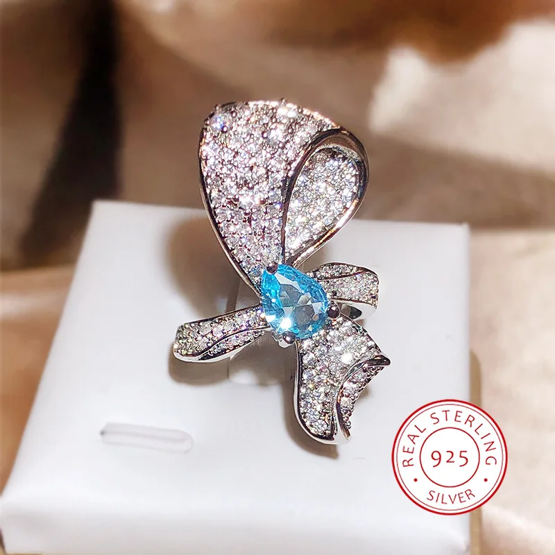 Europa E Stati Uniti Hot High-Grade Blue Water Drop Jewel Ring Super Shiny Aaa Full Diamond 925 Gioielli In Argento Per Le Donne
