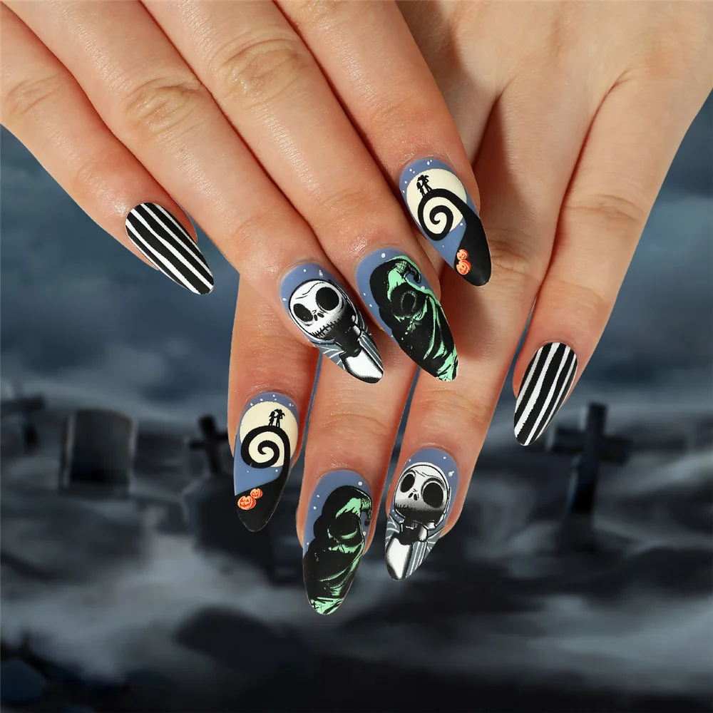 French Almond Matte Skull False Nails Tips Halloween Party Pumpkin Manicure Ghost Smorfia Cosplay Unghie Finte Set Press On Nails