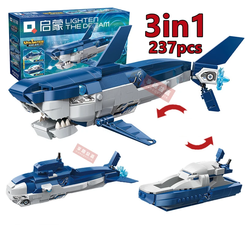 237Pcs 3 In1 Shark Submarine Military Yacht Model Education Building Blocks Compatibile Small Particle Boy Toys Gifts