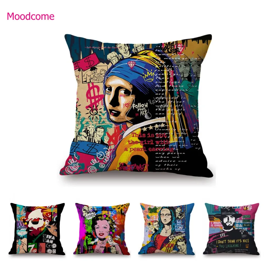 Famoso Dipinto Ad Olio Monalisa Dali Vermeer Funny Graffiti Art Home Decorativo Quadrato Cotone Lino Fodera Per Cuscino Divano Federa