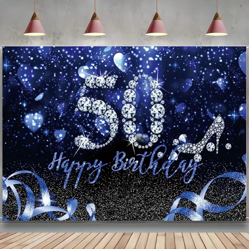 Happy 50Th Birthday Fondale Photography Blue Heart Glitter Shining Diamonds High Heel Background Women Fabulous Fifty Party