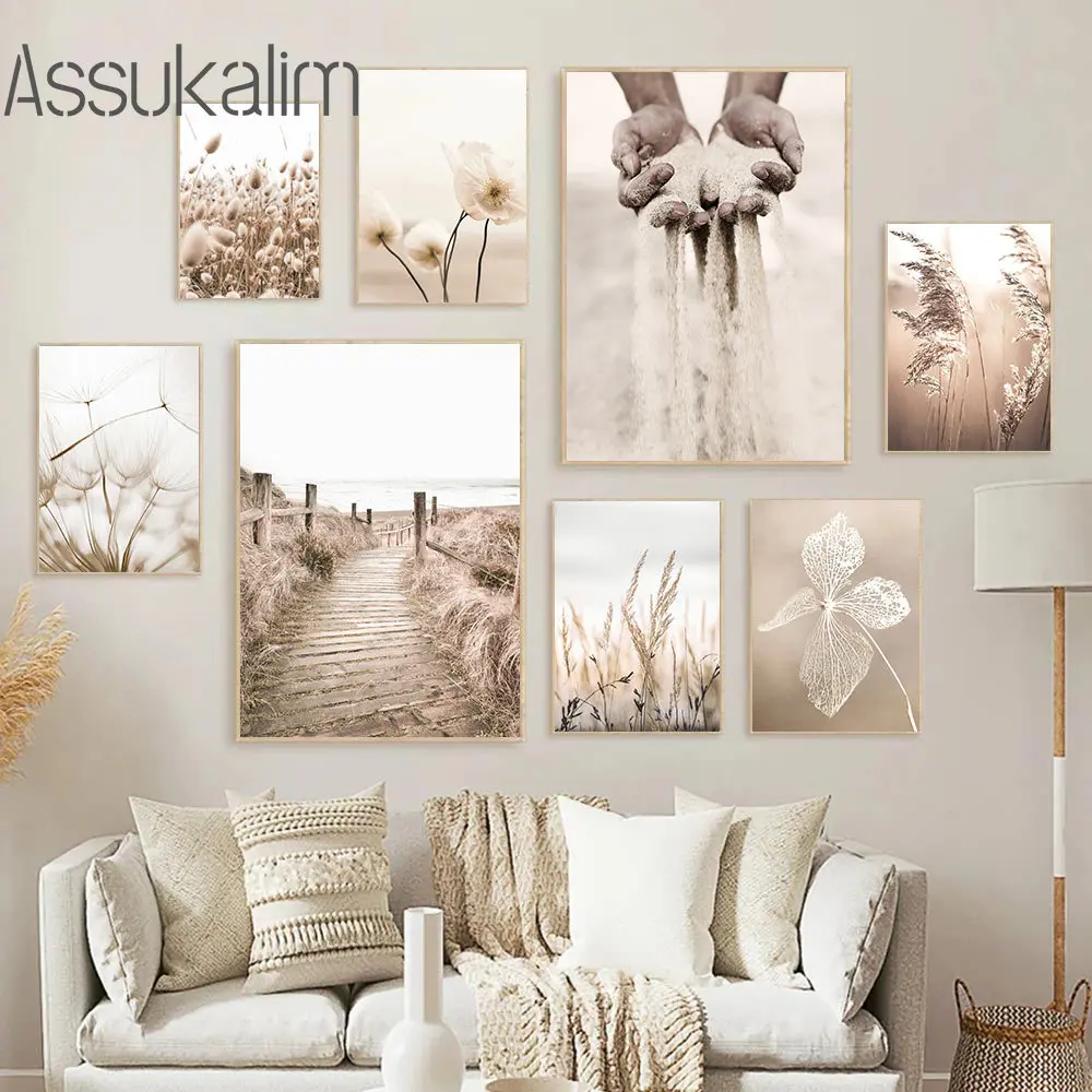 Beige Wall Art Reed Dandelion Pampas Canvas Painting Bridge Painting Poster Hand Sand Art Prints Nordic Poster Decorazione Della Casa
