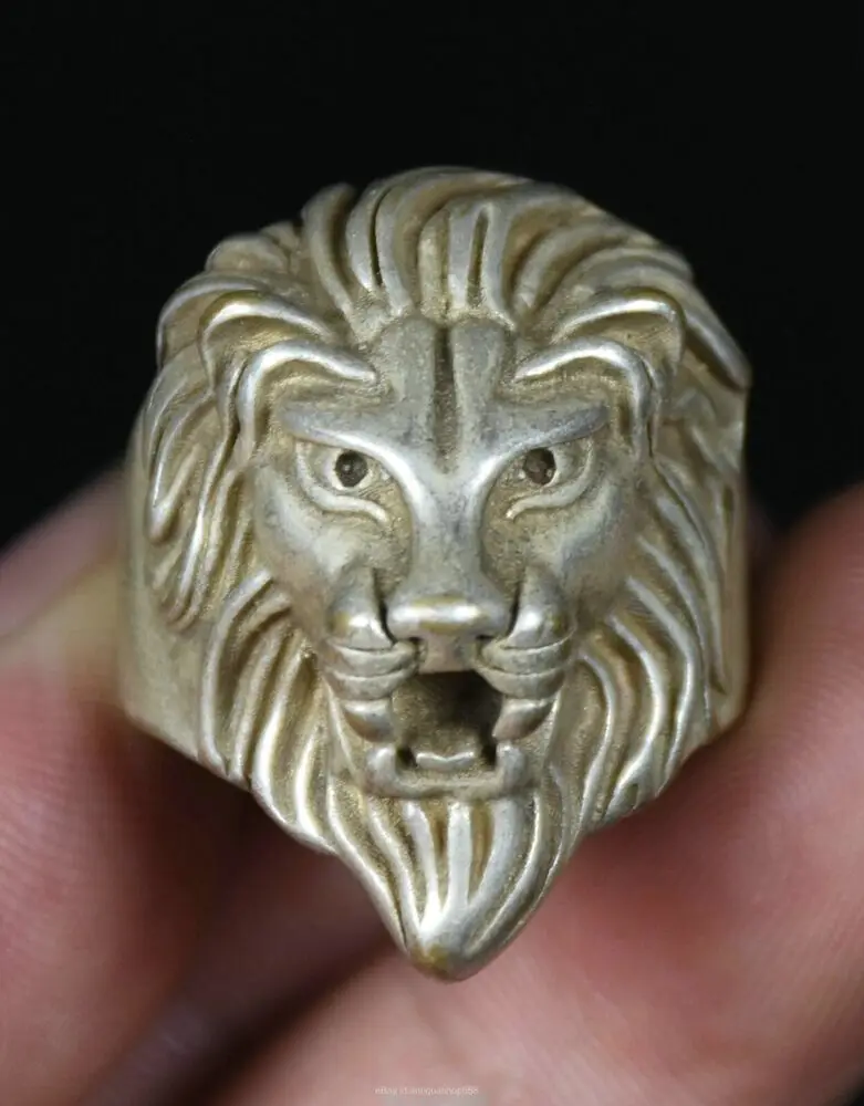 3.7Cm Rare Old China Miao Silver Feng Shui Lion S Head Jewelry Ringion