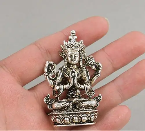 Buddismo Tibet Miao Argento 4 Arms Cenresi Buddha Avalokiteshvara Statua
