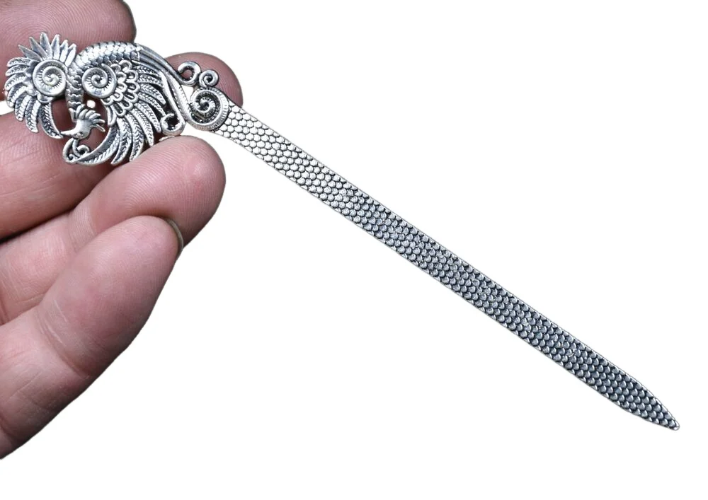 13.4Cm Rare Old China Miao Silver Dynasty Palace Phoenix Hairpin