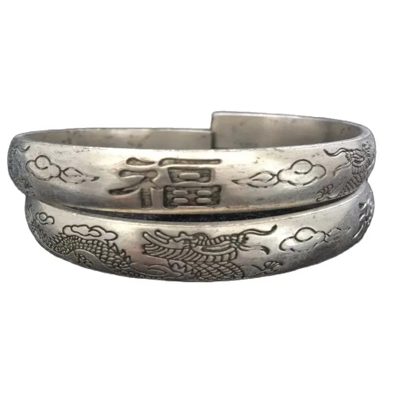 Vecchio Lavoro Manuale Miao Argento Carve Cina Regolare Paio Braccialetto