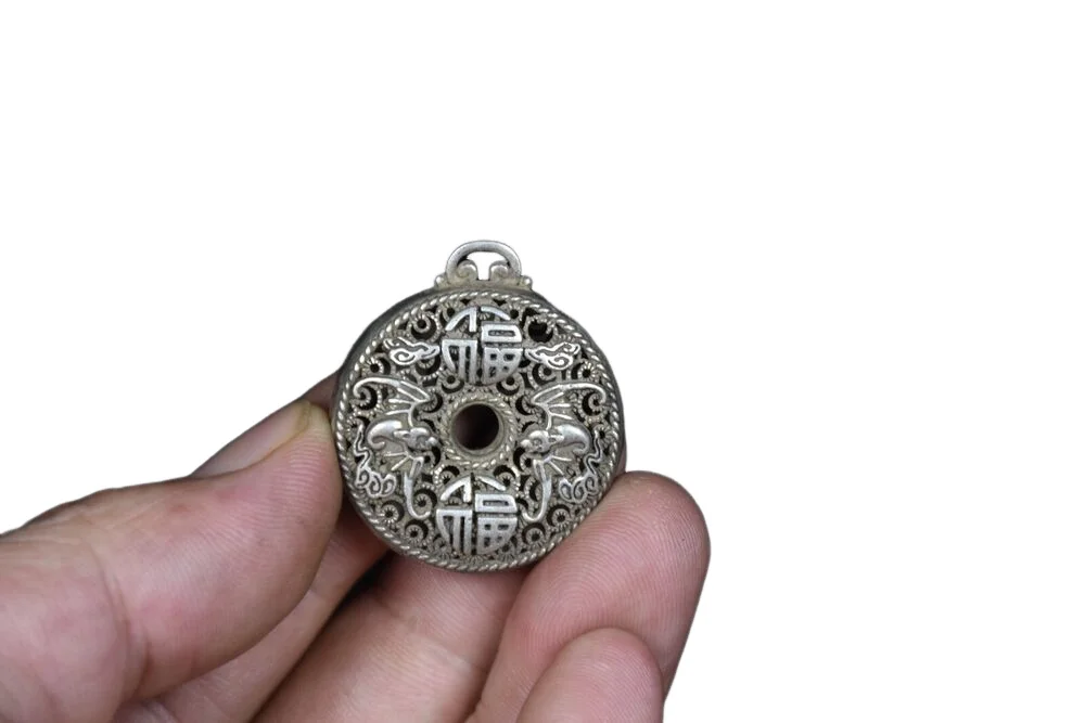3.5Cm Rare Old China Miao Silver Feng Shui Fortune Bat Collana Pendente