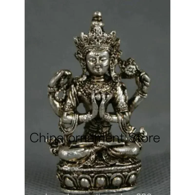 Tibet Buddismo Miao Silver Seat 4 Braccia Chenrezig Buddha Muslimate Statue