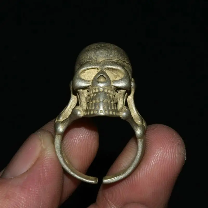 3.5Cm Rare Old Chinese Miao Silver Human Skeleton Skull Head Hand Jewelry Ring