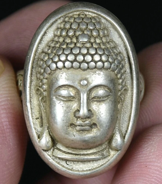 3Cm Raro Vecchio Cinese Miao Argento Feng Shui Shakyamuni Buddha Head Ring