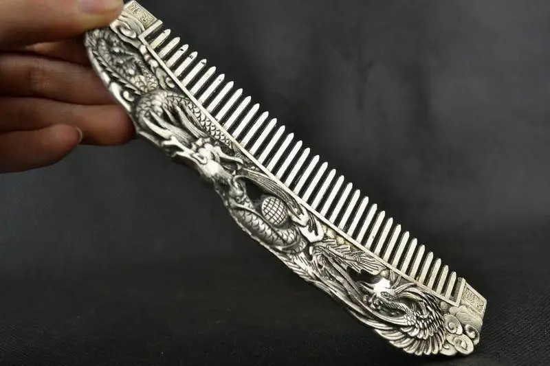 Lavoro Manuale Da Collezione Old Miao Silver Carving Dragon Phoenix Meraviglioso Pettine