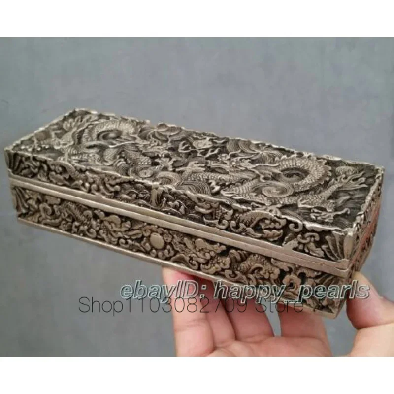 Qing Dynasty Handwork Miao Silver Dragon Statue Bank Money Archaic Jewelry Box