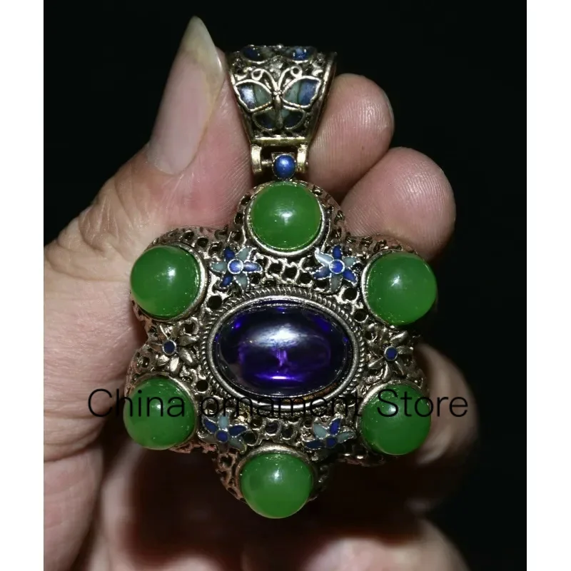 2.8 "Old China Miao Silver Inlay Green Gems Cloisonne Flower Pendant Jewelry