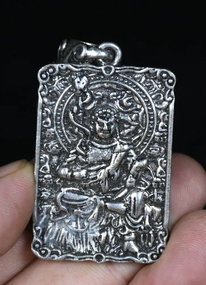 5Cm Old China Miao Argento Buddismo Sette Caratteri Scrittura Ciondolo Acalanatha