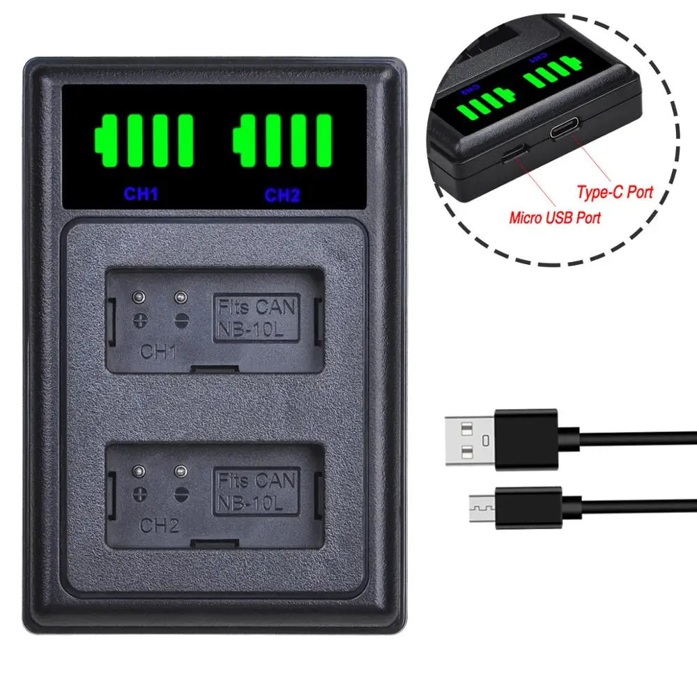 Caricabatteria Doppio Di Batmax Nb-10L Nb10L Led Con Il Tipo Porto Di C Per Canon Sx40 Hs Sx40 Hs Sx50 Hs Sx60