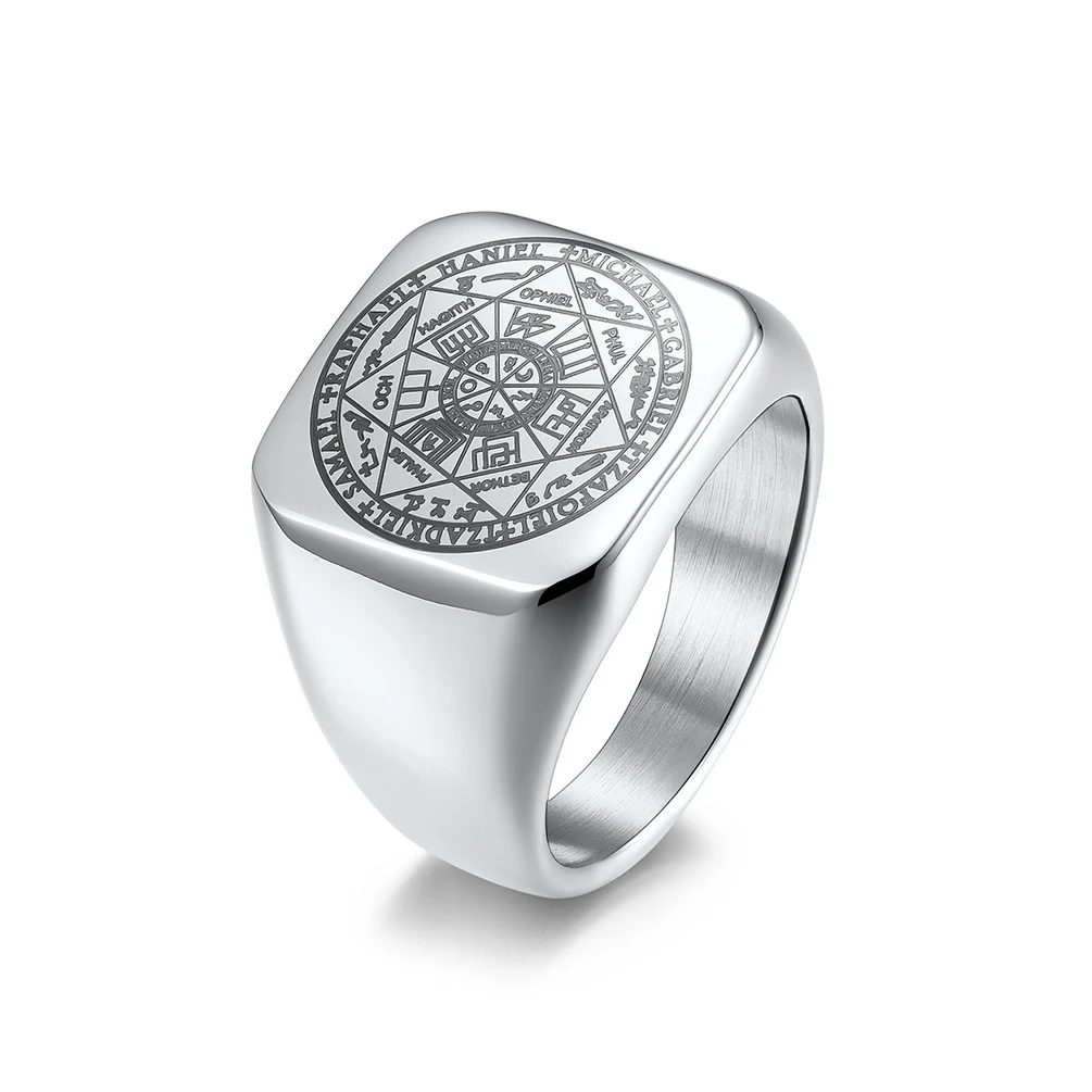 Punk Rock Acciaio Al Titanio Salomone Kabala Seal Square Runs Rings For Men Jewelry Size 7-12