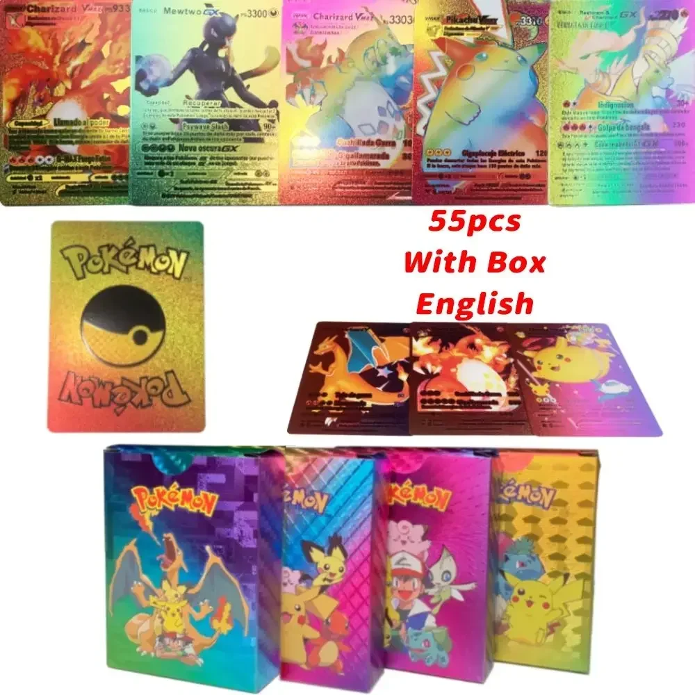 55Pcs Pokemon Colorful Rainbow Gold Silver Black English Cards Anime Pikachu Charizard Battle Game Collection Card Kids Toy Gift