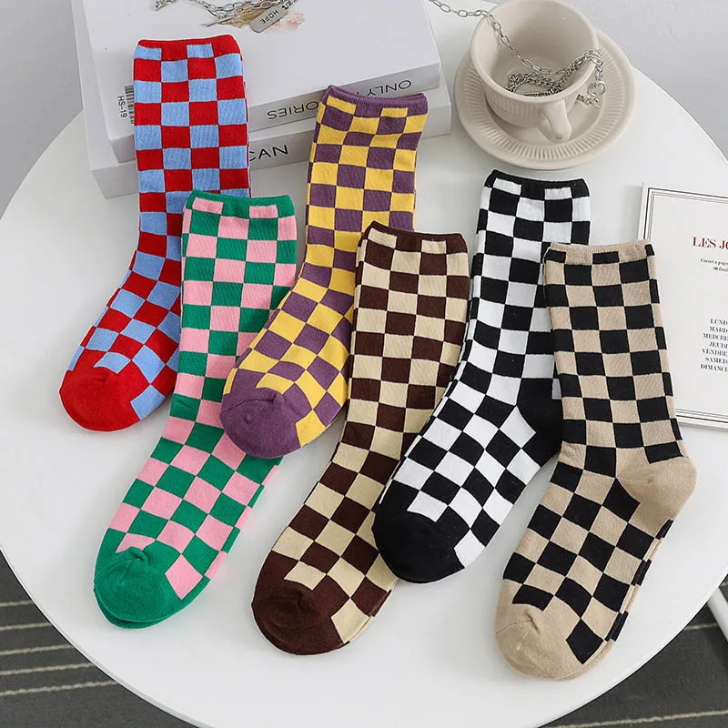 1 Pair Breathable Fashion Hip Hop Cotton Korean Style For Men Women Mid Tube Stocking Checkered Nice Gift Funny Socks