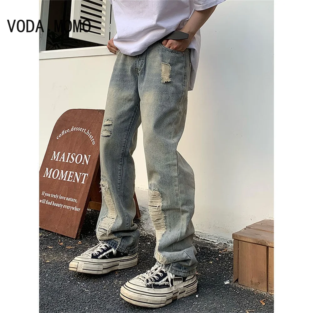 High Street Ripped Jeans Male Ins Tide Brand Hip-Hop Wide-Leg Pants Summer Thin Section Straight Loose Casual Old Pants