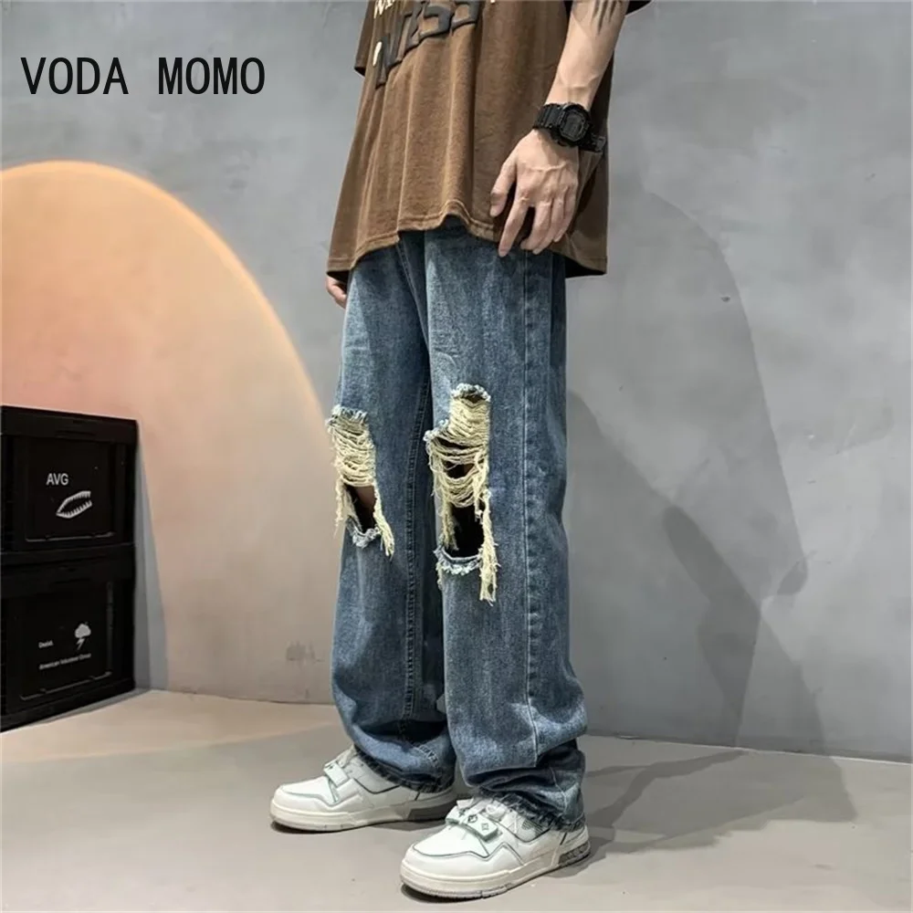 Streetwear Jean Femme Baggy Wide Leg Denim Jeans For Men Man Casual Pants Men'S Jeans Ripped Hole Male Trousers Mens Pantalon