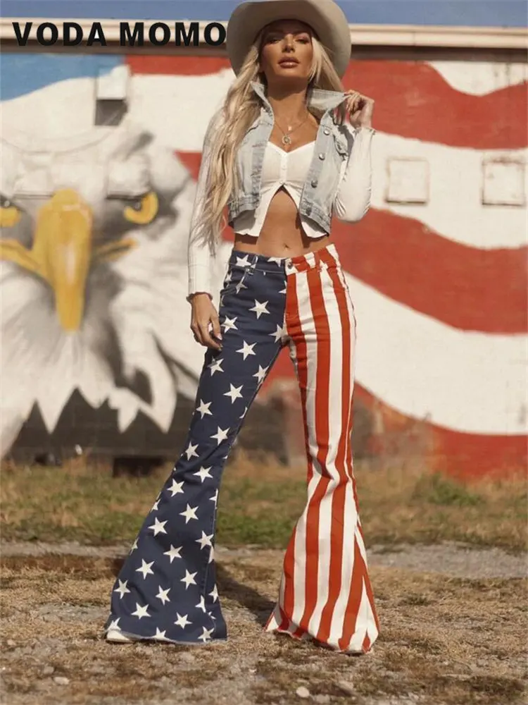 2022 New Spring Autumn Women Urban Fashion Jeans American Independence Day Flag Print Jeans Svasati Pantaloni Casual High Street