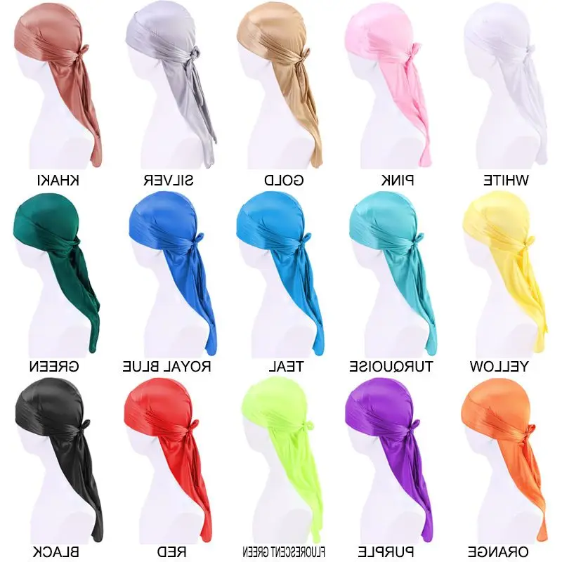 Durag For Men Long Tail Strap Waves Cap Donna Satin Turban Biker Hip Hop Copricapo Bandane Silk Pirate Hat Doo Rag Hair Cover