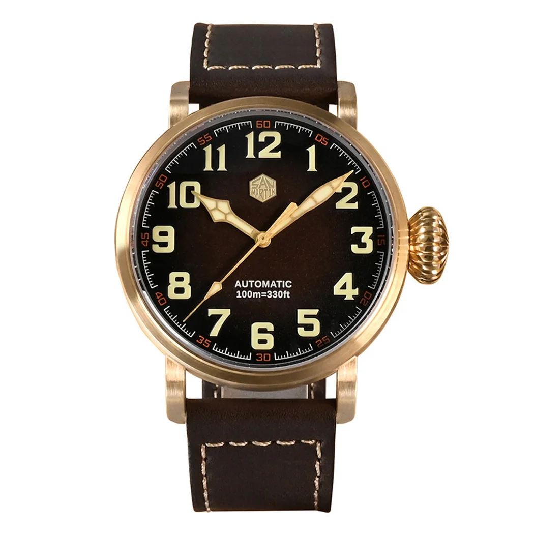 Orologio Automatico Da Uomo San Martin Bronzo 45Mm Orologio Da Polso Meccanico Pilota Sport Zaffiro 100M Corona Di Cipolla Luminosa Impermeabile Yn55