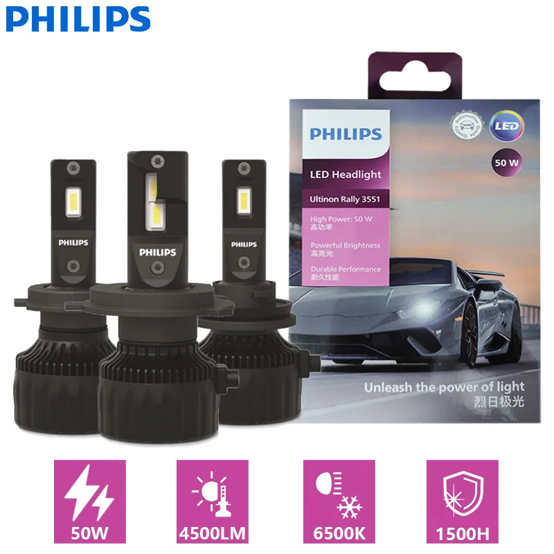 Philips Ultinon Rally H4 H7 Faro A Led Per Auto H11 Hb3 Hb4 Hir2 9005 9006 9012 Luminoso 100W 9000Lm Lampade Bianche Ad Alta Potenza 6500K