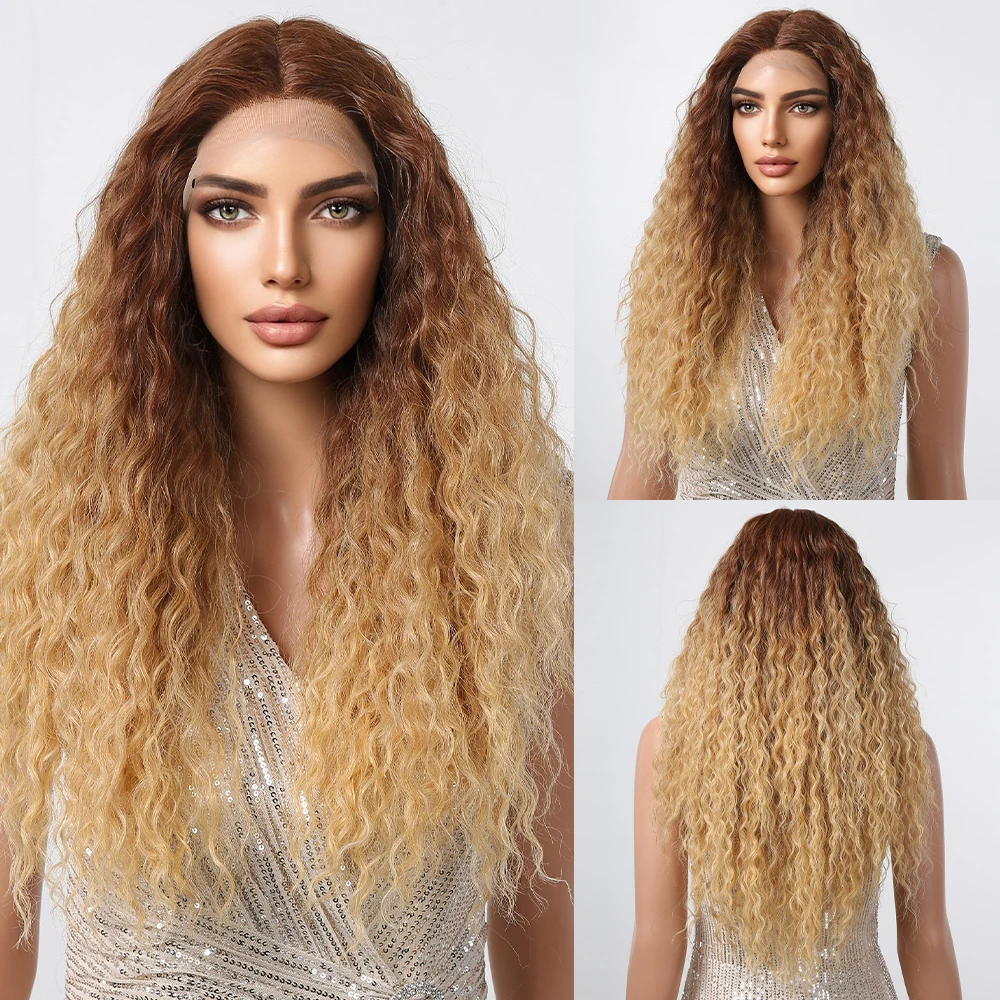 Gemma Long Curly Omber Brown Blonde Lace Front Wigs For Women Parte Centrale Parrucca Sintetica Ondulata Resistente Al Calore Cosplay Daily Hair