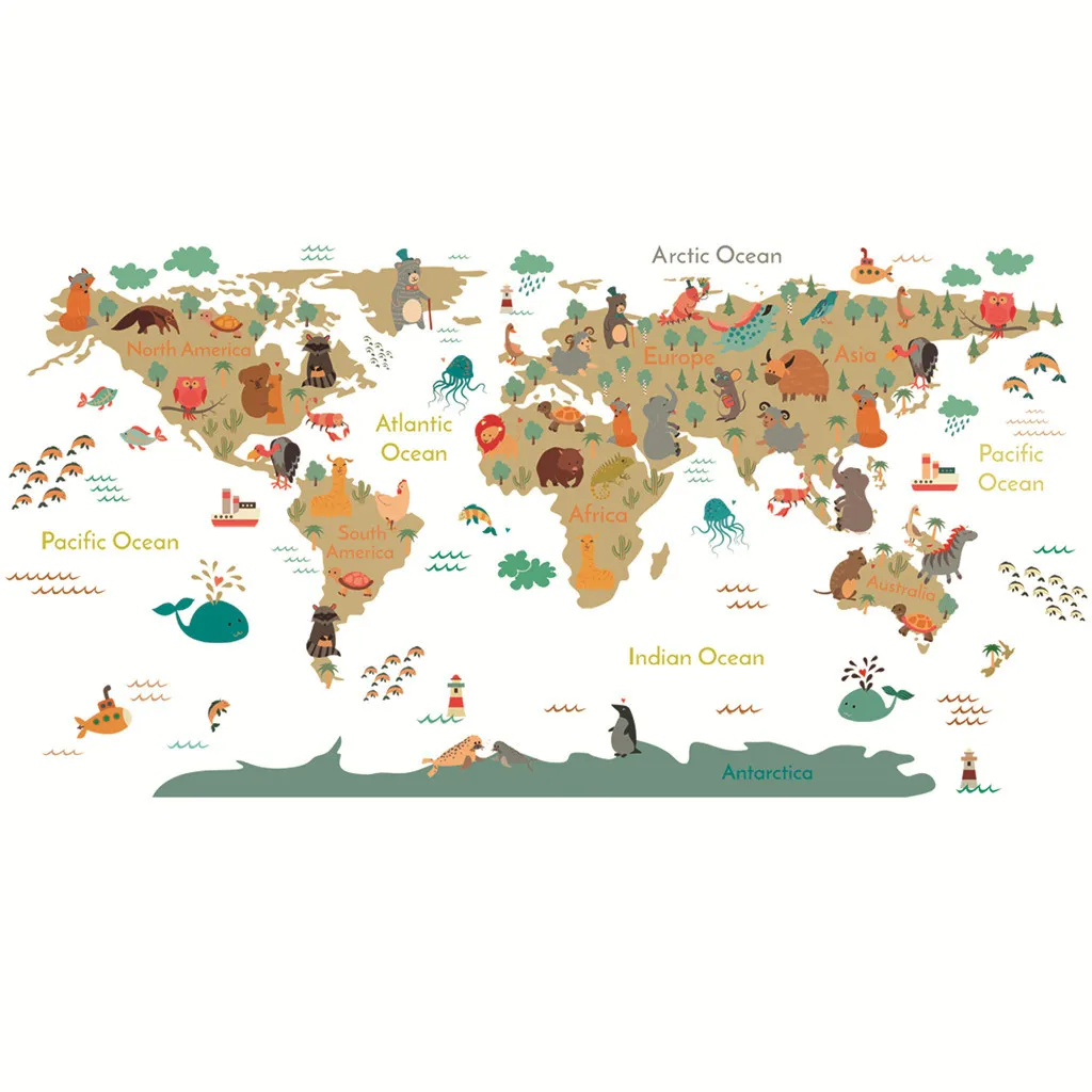 Cartone Animato Animali Colorati Mappa Del Mondo Contorno Adesivi Murali Per La Scuola Materna Camera Da Letto Camera Da Letto Studio Decor Decalcoman