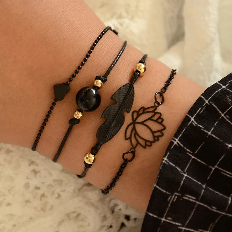 Yungqi Hot Black Leaf Lotus Chain Bracelet Heart Ball Beads Bracciali Per Donna Uomo Braccialetti Di Amicizia Gioielli Con Ciondoli Bohémien