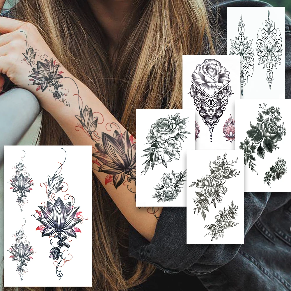 Lotus Tatuaggi Temporanei Finti Per Le Donne Ragazze Daisy Lily Bloosom Tattoo Black Hennè Lace Flower Hand Armband Pendenti Tatoo Paper
