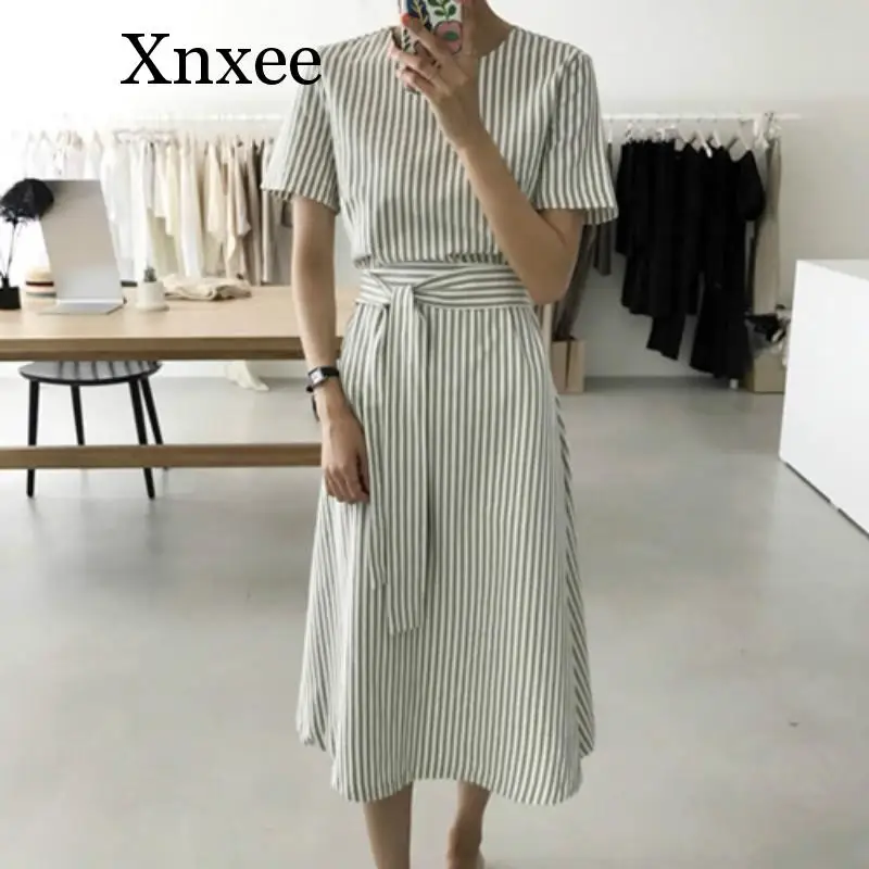 Abito Estivo Da Donna A Fascia Lunga A Righe Abiti Da Donna Con Cintura Casual Aderente Abito Verde Femme Sukienki Vestiti Donna