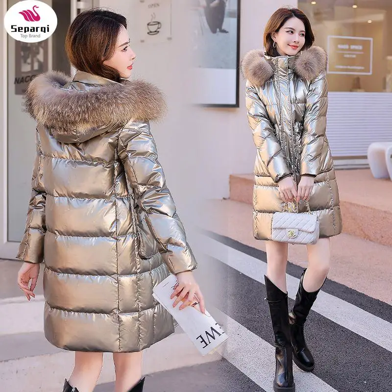 Piumini Blu Oversize Lunghi X Da Donna Spessi Casual Con Spalline Di Pelliccia 2024 Piumini Da Donna Invernali Con Cappuccio Solid Piumini Donna