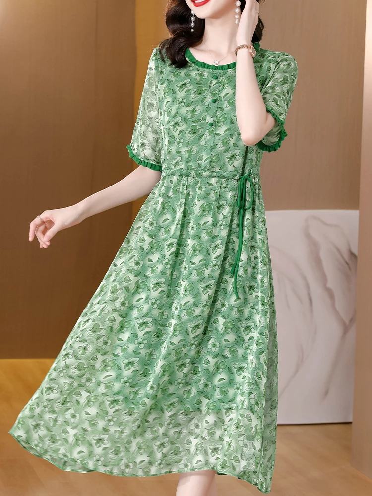 Summer Women 2023 New Chiffon Midi Beach Dress French Green Floral Prom Abito Lungo Tuniche Casual Coreano Festa Luxo Vestiti Donna