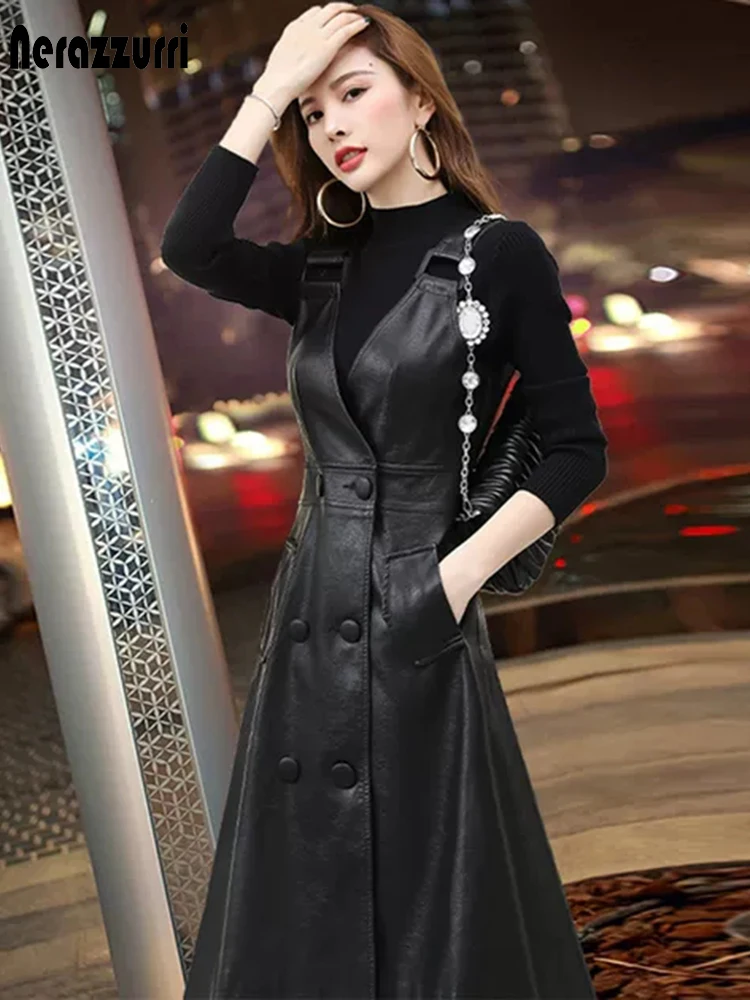 Nerazzurri Summer Long Black Pu Leather Dress Women Strap Midi Faux Leather Dresses For Women 2021 Womens Elegante Moda Coreana