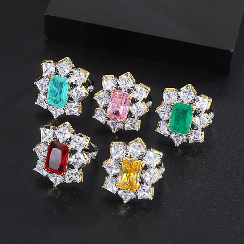 Qtt Fashion Creative Geometric Emerald Paraiba Tourmaline Ring Per Le Donne Princess Cut Zirconia Vintage Open Rings Gioielli Per Feste