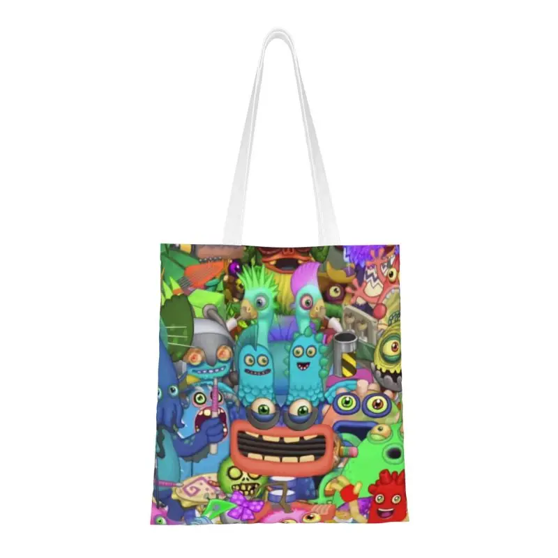 Custom My Singing Monsters Shopping Canvas Bags Women Portable Grocery Music Game Anime Cartoon Tote Shopper Bags