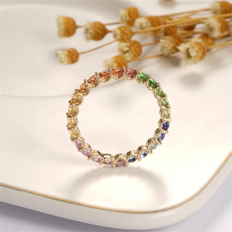 Cxsjeremi Solid 14K Yellow Gold Rings Fashion Round Rainbow Natural Color Sapphire Tsavorite Shiny Gemstone Wedding Band Jewelry