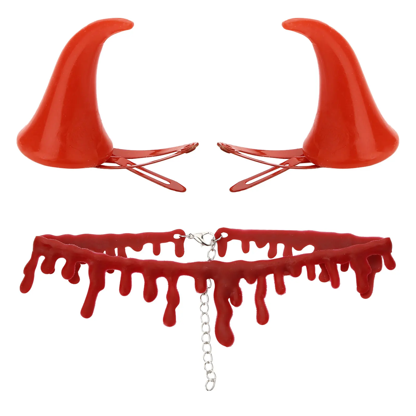 Halloween Decor Red Horns Hairpin Creative Little Devil Cute Hair Accessorie Sell Cute Stage Show Dress Up W/Dark Blood Necklace