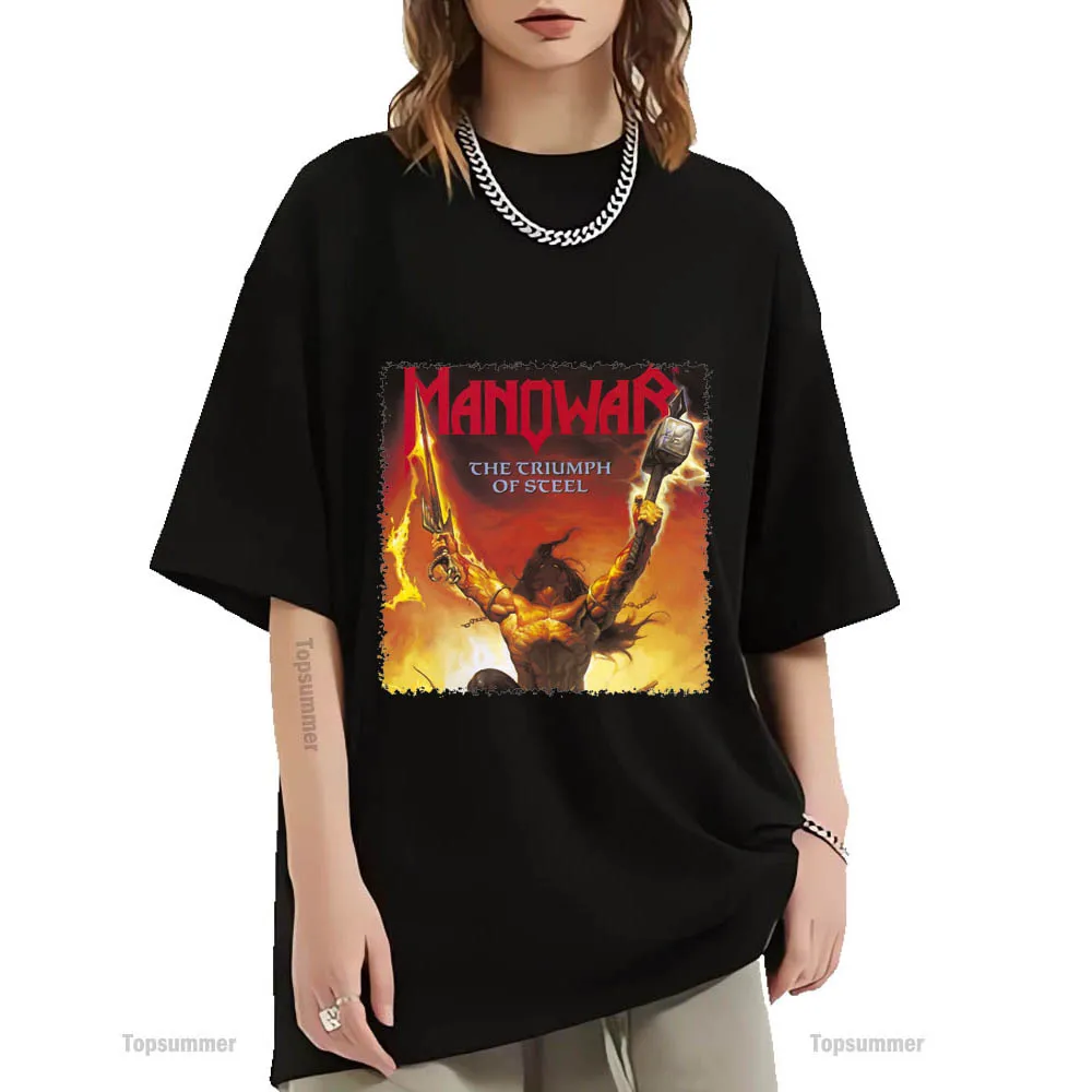 The Triumph Of Steel Album T-Shirt Manowar Tour T Shirt Uomo Summer Streetwear Magliette Nere T-Shirt In Cotone Femminile