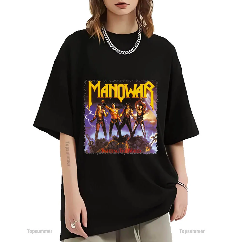 Fighting The World Album T Shirt Manowar Tour T-Shirt Donna Gothic Streetwear Graphic Print T-Shirt Uomo Manica Corta Abbigliamento
