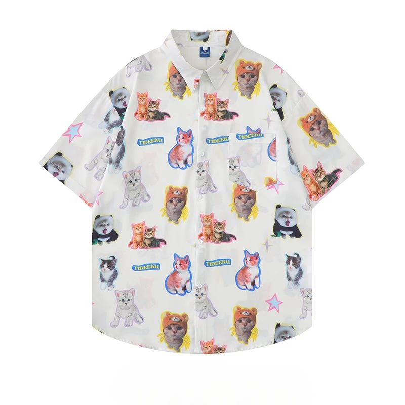 Camicia A Maniche Corte Europea E Americana High Street Cat Coppia Allentata Maglietta Casual Magliette Grafiche Abbigliamento Donna Harajuku