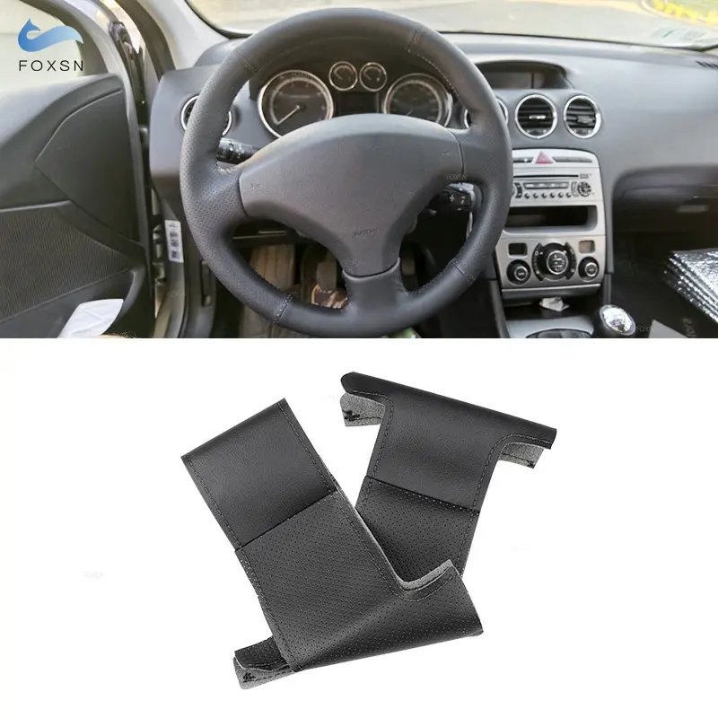 For Peugeot 308 Old Peugeot 408 Black Perforated Microfiber Leather Diy Hand-Stitched Steering Wheel Cover Protective Trim