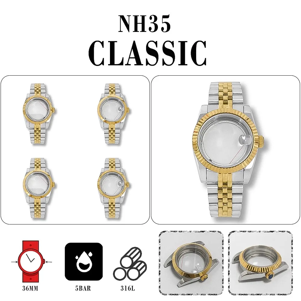 Oro Trasparente Fondo 36Mm Oyster Perpetual/Dogtooth Shell Vetro Zaffiro Striscia D'Acciaio Da 5 Litri Adatta Per Nh35/36