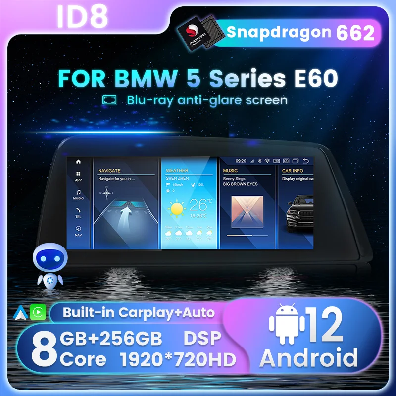 12.3 "Snapdragon Id8 2Din Android Auto Radio Per Bmw Serie 5 E60 E61 E63 E64 E90 E91 E92 E93 Ccc Cic Ideive Control Touchscreen