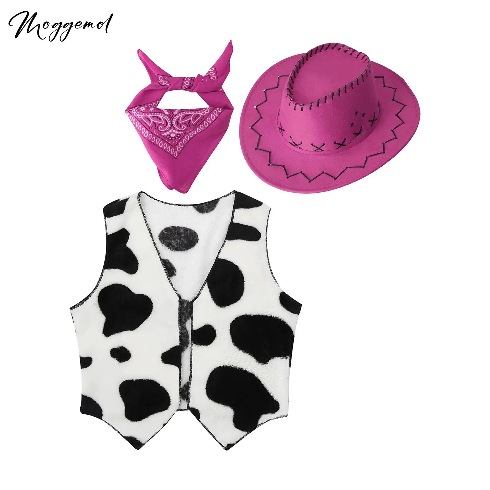 3 Pcs Kids Western Rodeo Cowboy Cowgirl Costume Gilet Con Cappello Bandanna Wild West Outfit Per Halloween Party Cosplay Dress Up