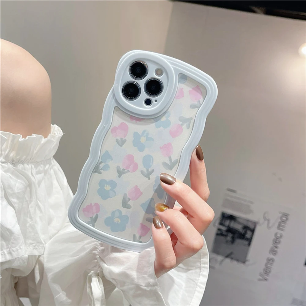Art Wavy Blue Flower Strawberry Cute Silicone Soft Back Case For Iphone 14 X Xr 7 8 Plus 13 Promax 11 12 Xsmax Phone Capa Cover